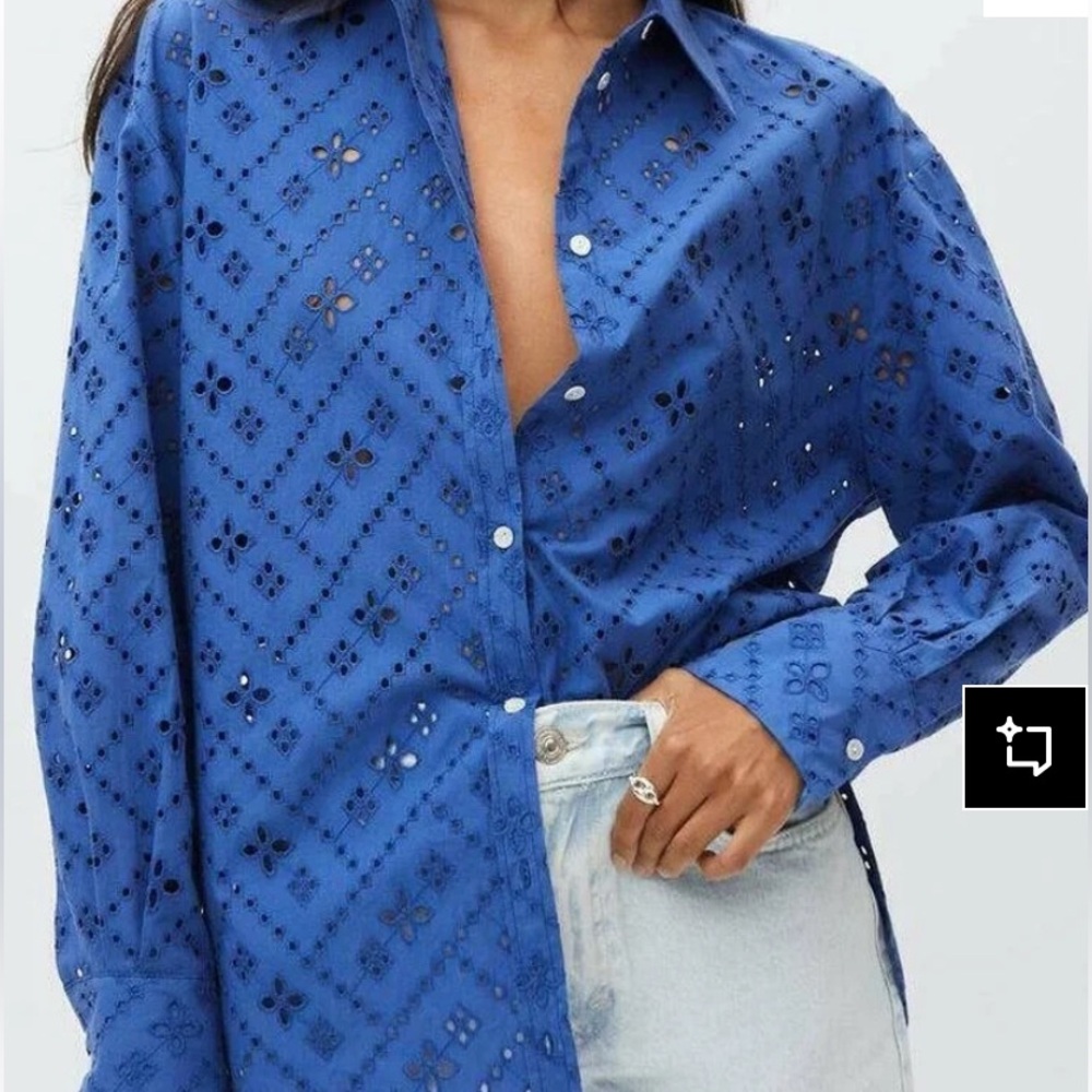 Mango Cobalt Blue Eyelet Top